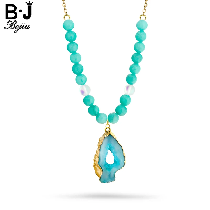 

BOJIU Long Necklace Natural Stone Trendy Girl Bohemia New Fashion Aqua Druzy Pendant Necklaces Clothes Decorations NKS044