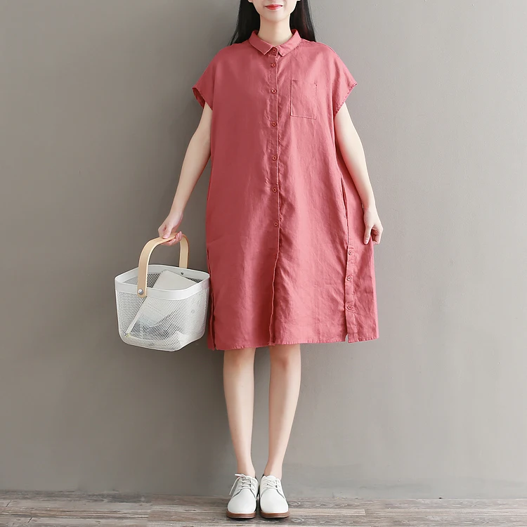 Women Fashion Retro Dresses Loose Short Sleeve Cotton And Linen Summer Shirt Dress Vintage Knee-Length Vestidos De Fiesta | Женская