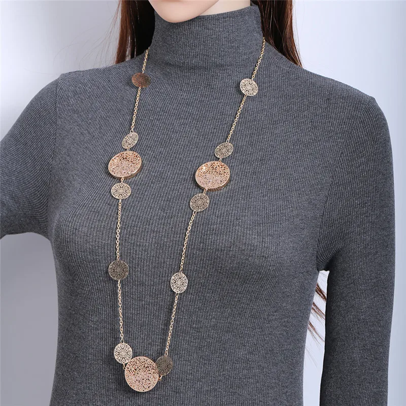 

Luxury Gold Long Necklace Round Hollow 3D Crystal Pendant Maxi Necklaces for Women Statement Jewelry 2018 Fashion Sweater Bijoux