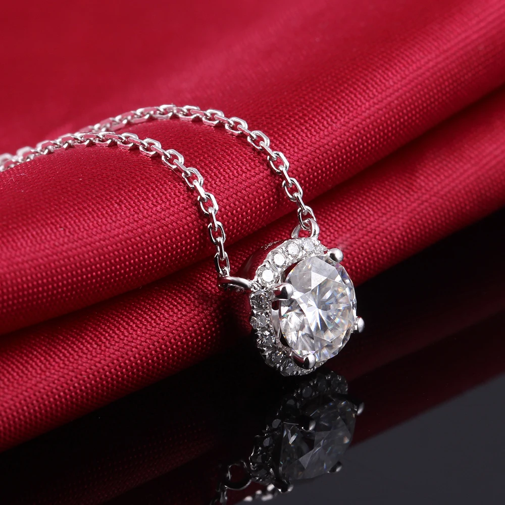 TransGems Solid 14 K 585 Белое золото 1ct FGH 6,5 мм Moissanite алмазная подвеска ореол ожерелье для женщин 18 дюймов Цепь
