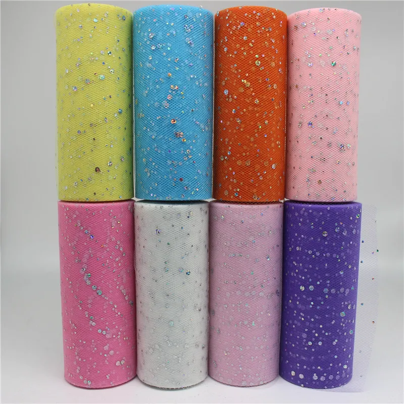 

15cm*25Yard Glitter Round Crystal Sequin Tulle Roll Organza Sheer Gauze Element Home Garden Wedding Party Decoration