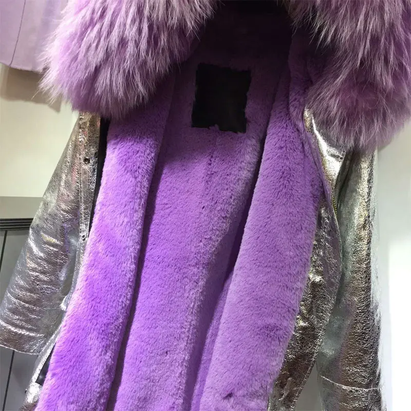 Серебристая кожа Водонепроницаемая фиолетовая Длинная женская куртка с большим
