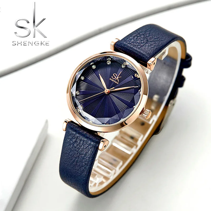 Часы SHENGKE SK женские кварцевые люксовые брендовые наручные с кожаным ремешком
