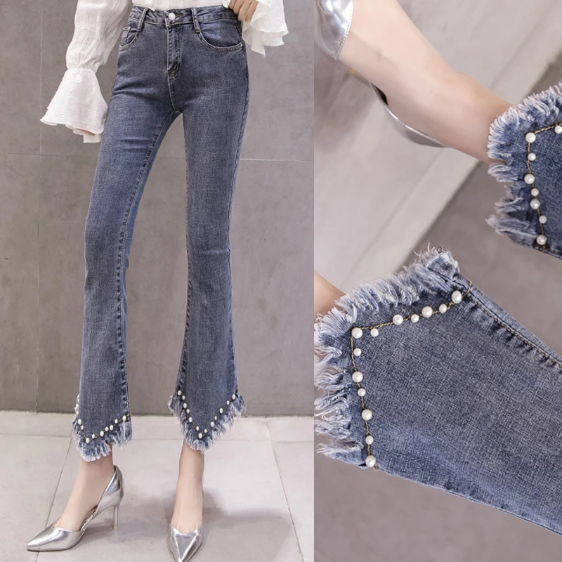 

Spring Fall Fashion Korea Womens High Waisted Tassel Pearls Beading Flare Jeans Pants , Ankle Length Denim Trousers For Women