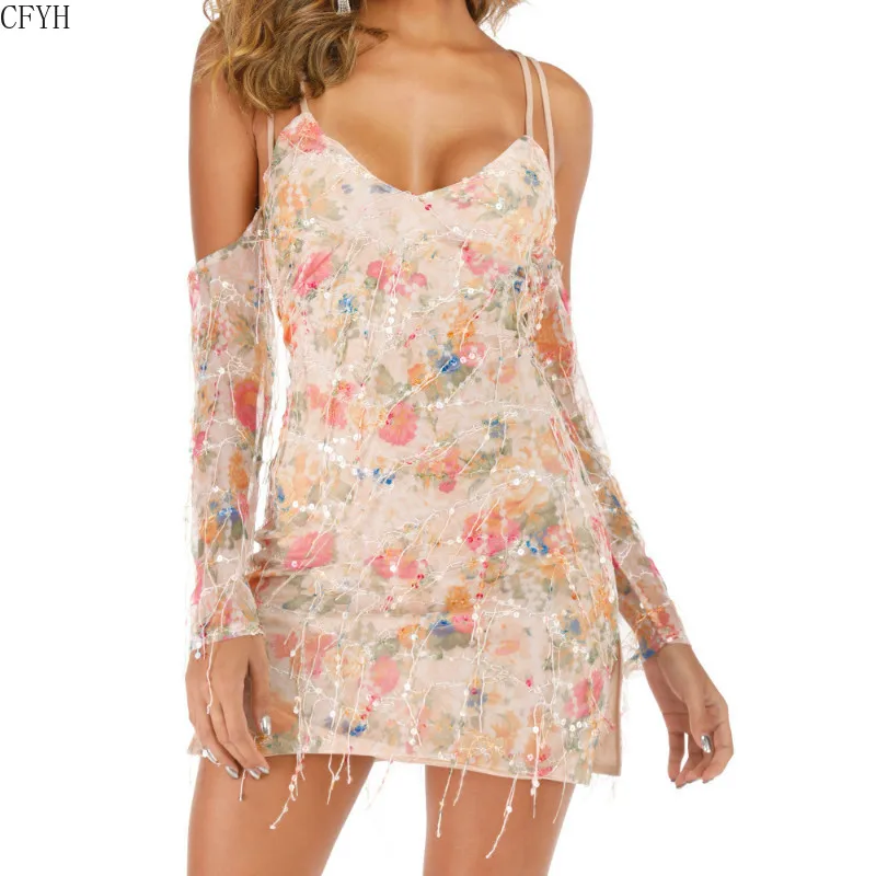 

Summer Beach Style Mini Dresses Sexy Cut Out Shoulder Long Sleeve Casual Outwear Sequin Fringe Strap Backless Beachwear