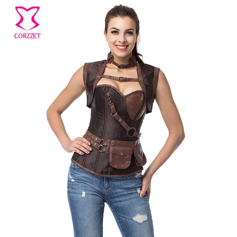 Corzzet Vintage Brown Steampunk Corsets And Bustiers Steel Boned Waist slimming Armor Corset Sexy Gothic Over bust Corset