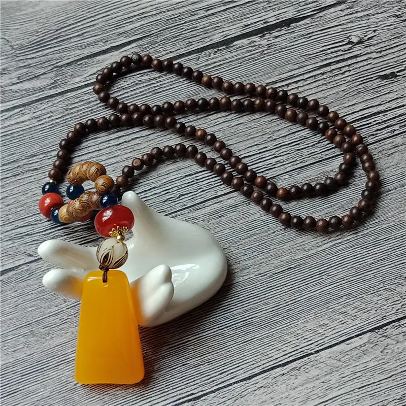 Nepal Buddhist Mala Wood Beads Necklace Imitation Stone Pendant Ethnic Horn Long Statement For Women Men | Украшения и аксессуары