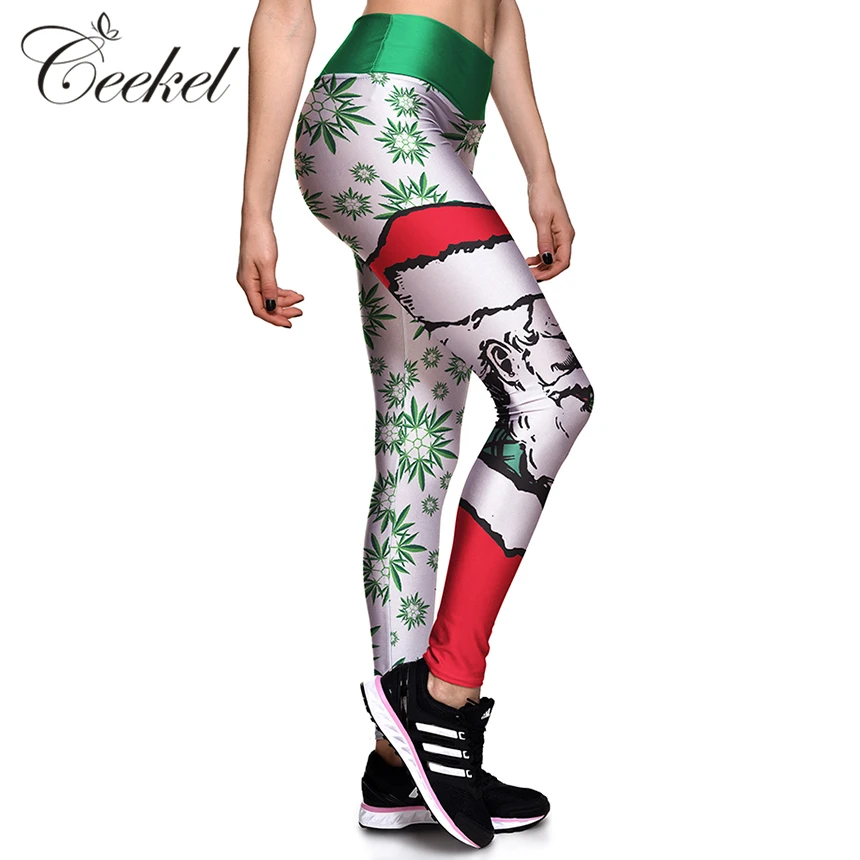 Merry Christmas Santa Claus Snow Hat Print Leggings Plus Size Fitness Pant Sexy Slim Legins High Waist Knitted Leggins | Женская одежда