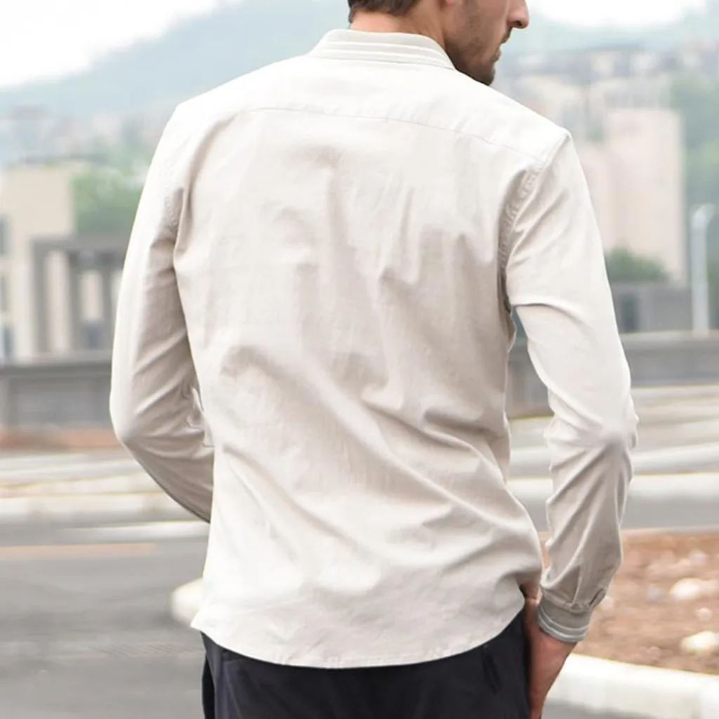 2019 Men Fashion Vintage Pure Color Button Linen Solid Long Sleeve Retro Shirts Tops Blouse camisa masculina manga longa 50 | Мужская