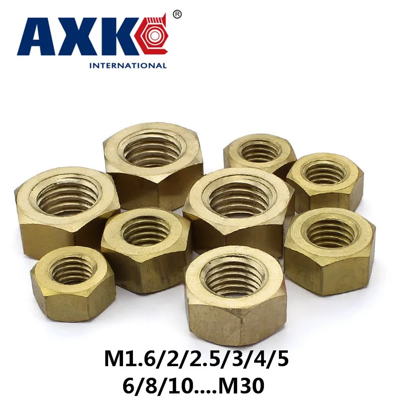 Axk 30 шт Медная гайка/медная Шестигранная гайка/Латунная гайка M1.6/2/2.5/3/4/5/6/8/10 .... m30