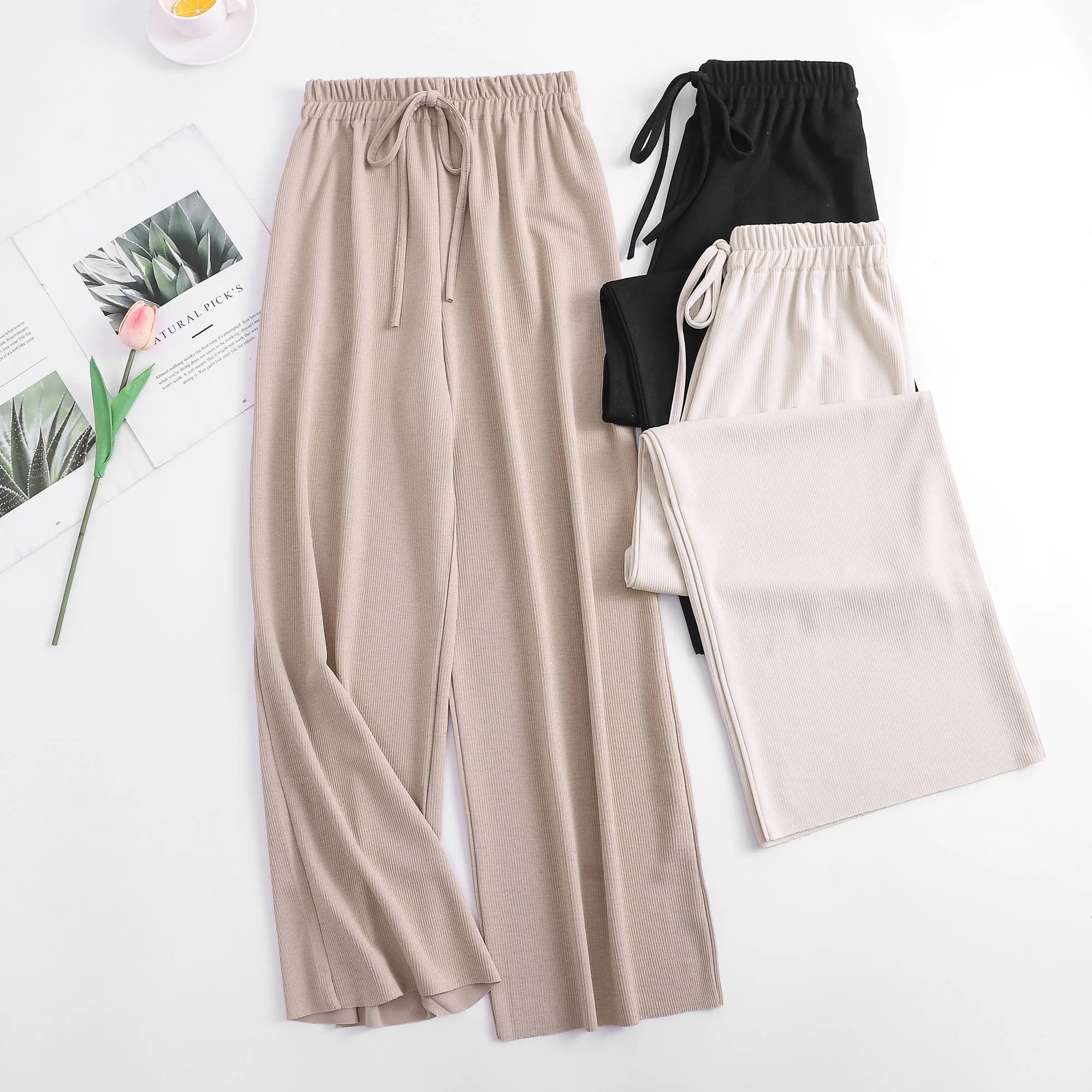 Womem wide leg pants fashion female vintage elegant elastic waist thin meryl knitted pant casual trousers 2019 summer autumn | Женская