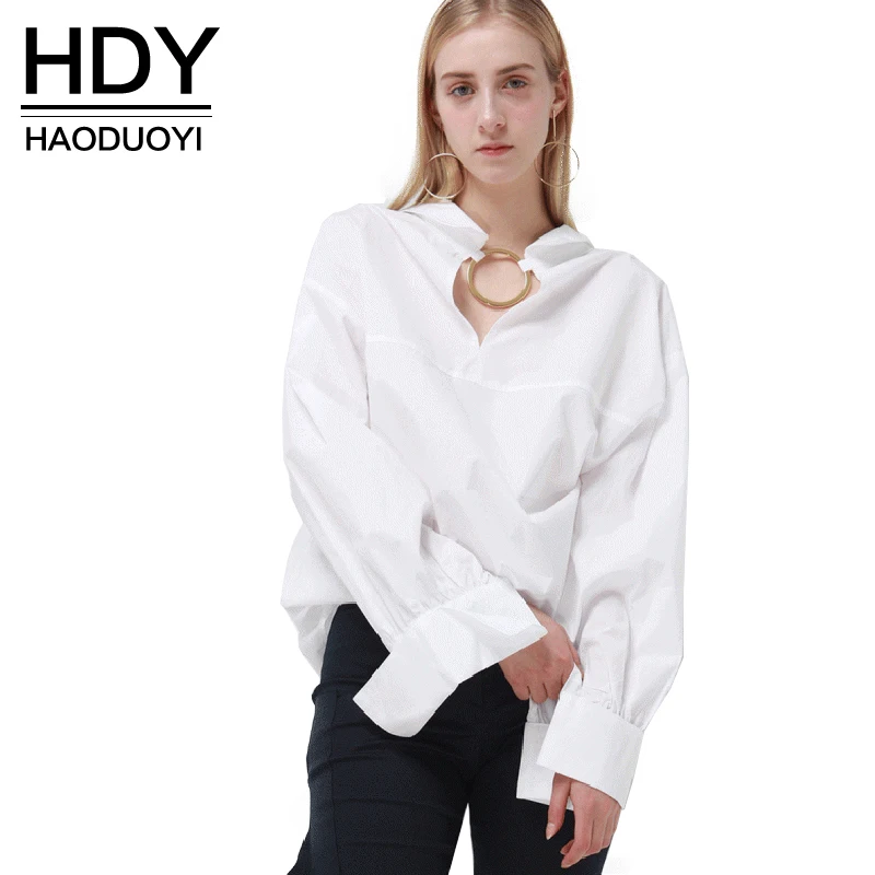 Женская блузка HDY Haoduoyi белая Свободная рубашка с длинным рукавом расшитая