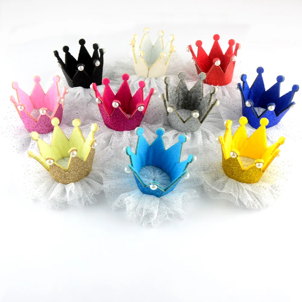 Золотая фетровая корона с белыми фатиновыми цветами незаконченная 1-я годовщина фотоаксессуара DIY ободок для волос GC05.