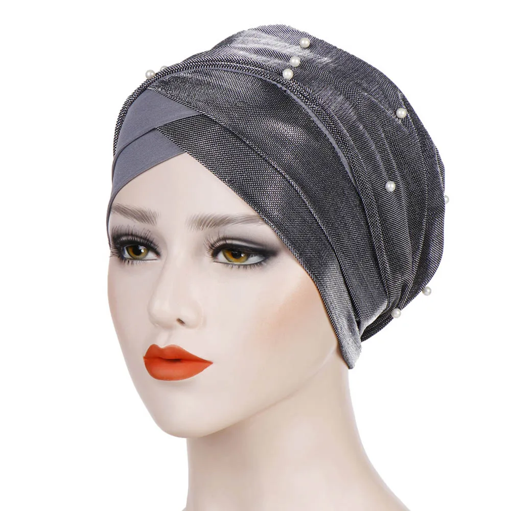 

Gauze Headwrap Muslim Women Long Turban Ladies Double Color With Beads Hijab Cap