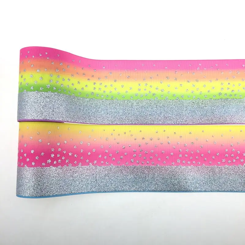 3&quot 75mm silver glitter printed with rainbow heat transfer grosgrain ribbon very soft to make big bow | Дом и сад
