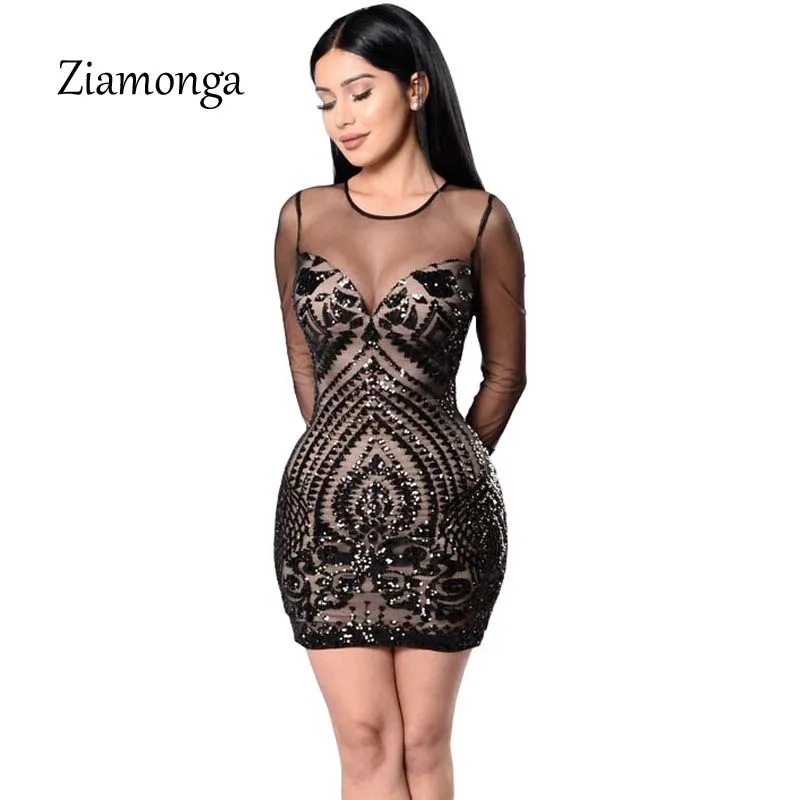 Платье Ziamonga с золотыми блестками черное Сетчатое платье длинным рукавом для