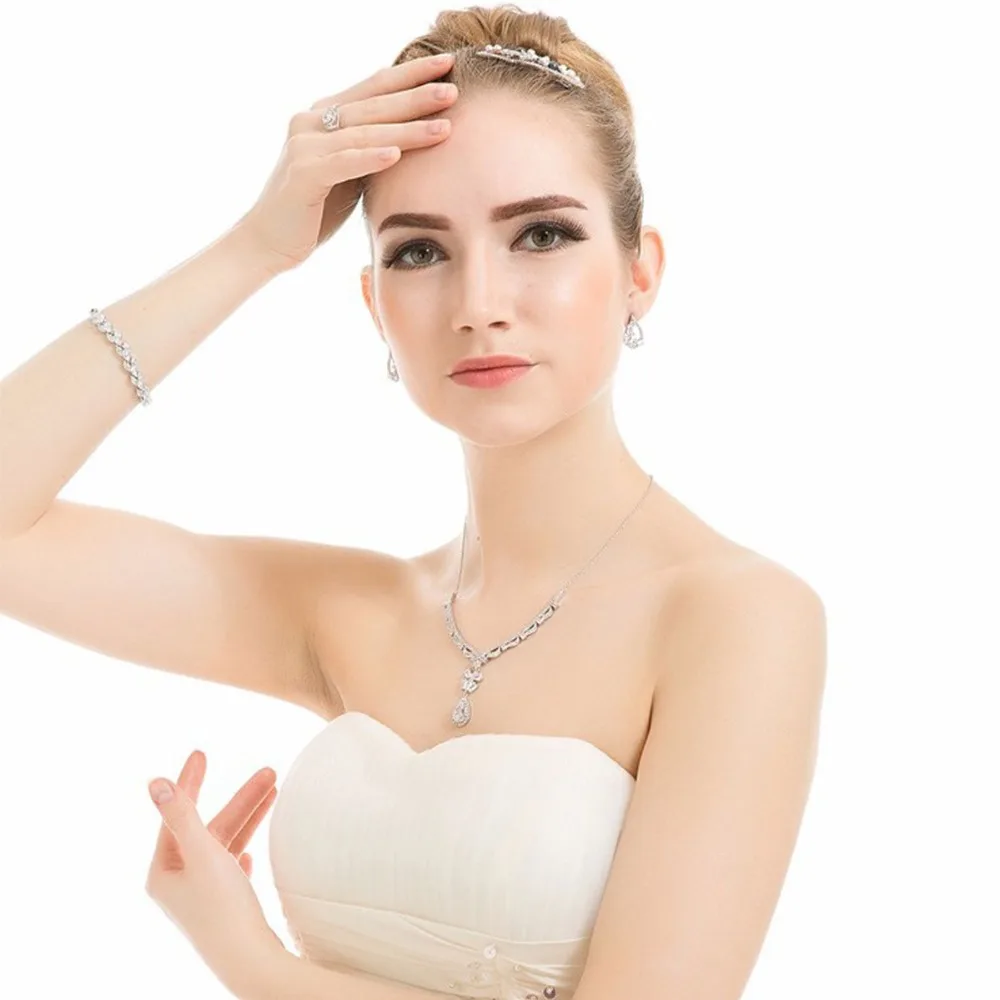 LUOTEEMI Brand Necklace+Earrings Zircon Wedding Jewelry Set for Brides Fancy Water Drop Cutting AAA+ Cubic Zirconia Necklace | Украшения и