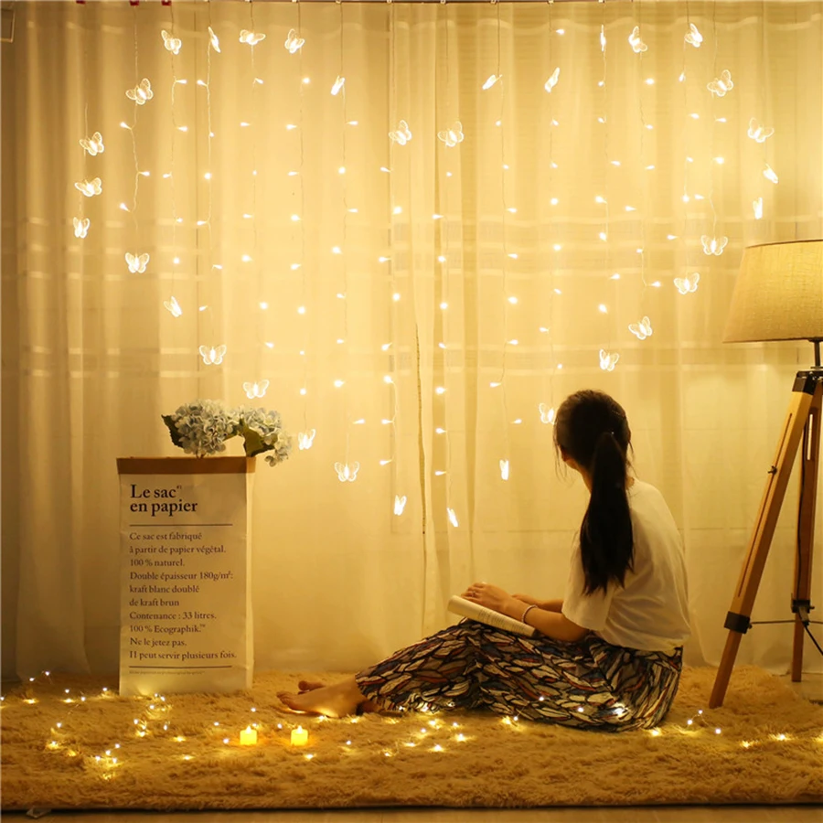 

Thrisdar 2.5x1.5M 124LED Butterfly Curtain LED String Fairy Light Love Heart Shape Party Wedding Window Icicle Fairy Garland