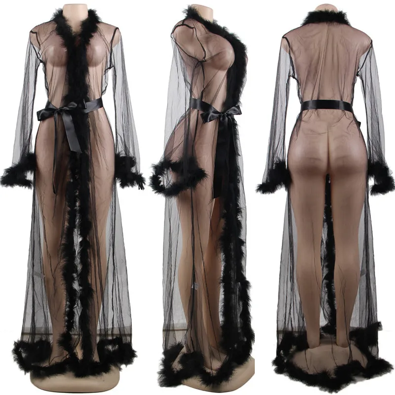black sexy robe Comeondear, женское фантазийное нижнее белье с мехом, Эротическое нижнее белье, большой размер, халат, прозрачное, длина до пола, ночная сорочка, RA80759 - Цвет: black sexy robe