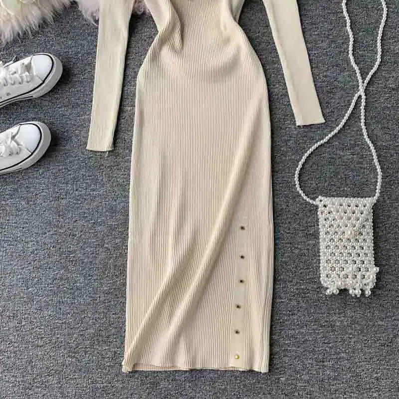 

2019 Autumn Winter Women Knitted Dress Chest Hollow Out Sexy Slim Bottoming Bodycon Dress Vintage Long sleeve Party Vestidos