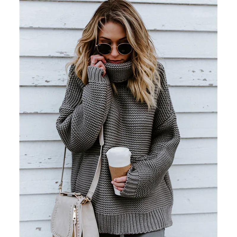 Вязаный модный однотонный свитер для женщин пуловеры 2018 зимняя теплая свободная