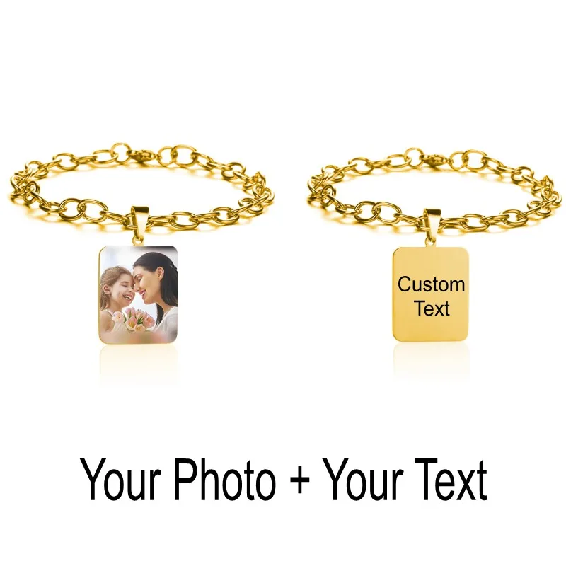 Gold2 Color Photo Персонализированные индивидуальные браслеты с выгравированным фото именем и датой для женщин и мужчин из нержавеющей стали, регулируемые браслеты с идентификационной биркой, семейные подарки - Окраска металла: Gold2 Color Photo