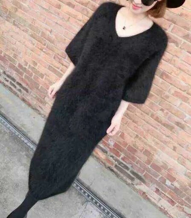 Женское длинное кашемировое платье-свитер из натурального меха норки TFP860 |