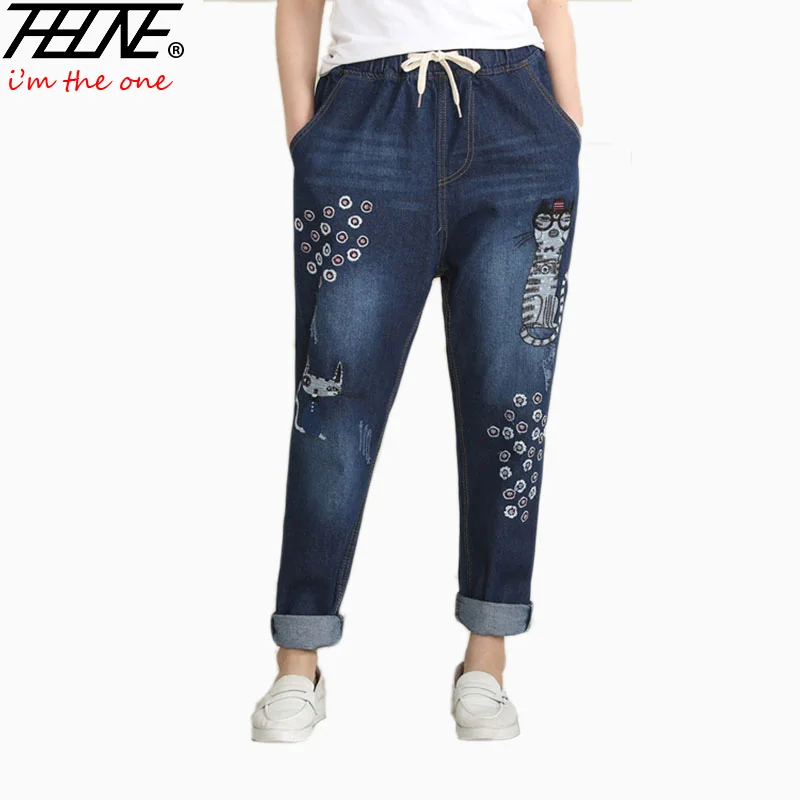 Женские винтажные джинсы с вышивкой свободные брюки принтом и эластичной талией