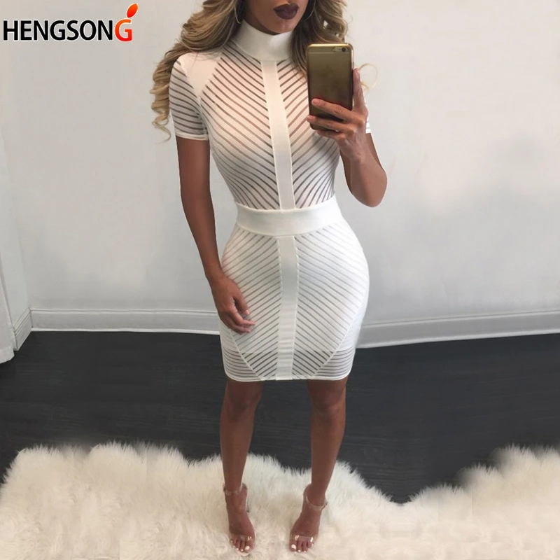 Summer women sexy hollow party mini dress fashion Slim thin Turtlenck Zipper package hip bodycon | Женская одежда