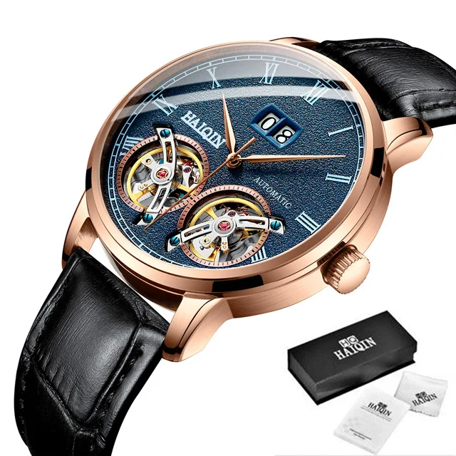 L-Gold blue Мужские часы HAIQIN, новинка, Повседневная мода, автоматическая техника, наручные часы для мужчин, лучший бренд, роскошные Tourbillon часы, Relogio Masculino - Цвет: L-Gold blue