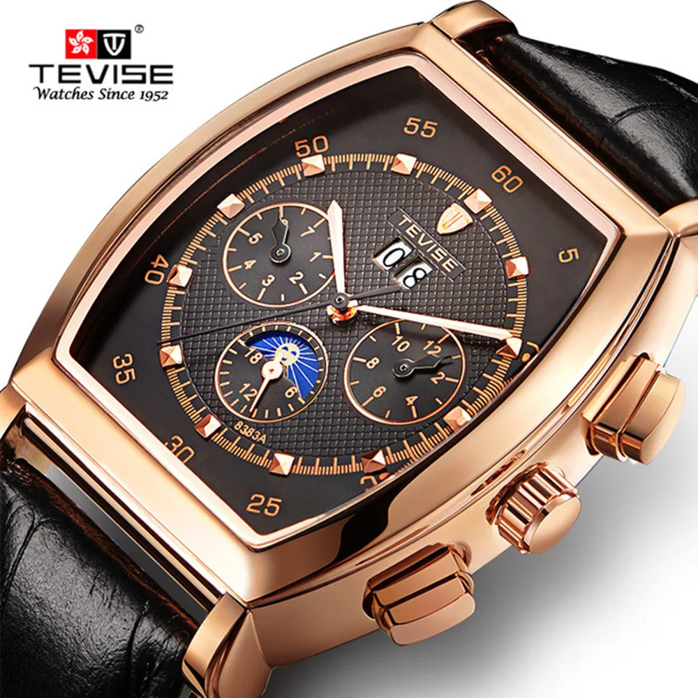

TEVISE Men's Watches Automatic Mechanical Watch Tourbillon Clock Leather Casual Business Watch Brand Tonneau Relogio Masculino