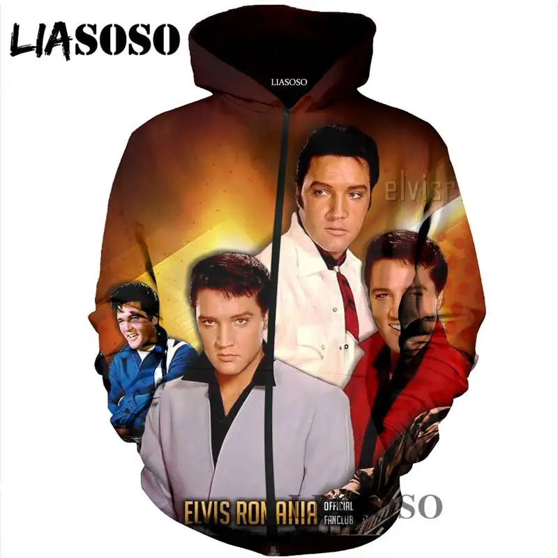 LIASOSO зима Harajuku Мужская и Женская толстовка на молнии с 3D принтом Elvis Presley пальто