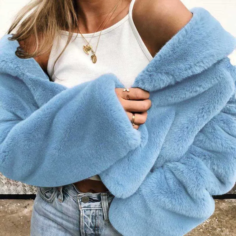 02 Light Blue Женский мохнатый однотонный осеннее пальто с отложным воротником зимнее пальто из искусственного меха толстый теплый кардиган с капюшоном мягкая свободная повседневная верхняя одежда - Цвет: 02 Light Blue