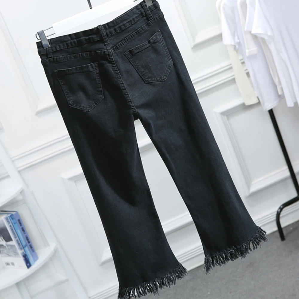 Расклешенные джинсы для женщин с высокой талией бахромой джинсовые капри брюки Pring летние женские брюки джинсы до середины икры плюс размер 5XL