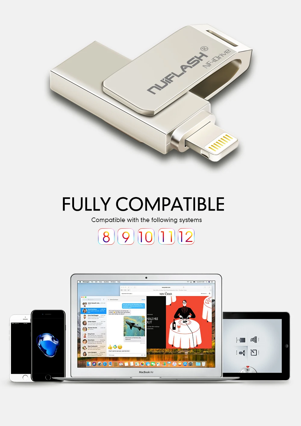 Nuiflash Usb флеш-накопитель 8 ГБ, 16 ГБ, 32 ГБ, 64 ГБ, 128 ГБ, флеш-накопитель, карта памяти для iphone 8, 7 Plus, 6, 6 S Plus, 5S, ipad, флешка