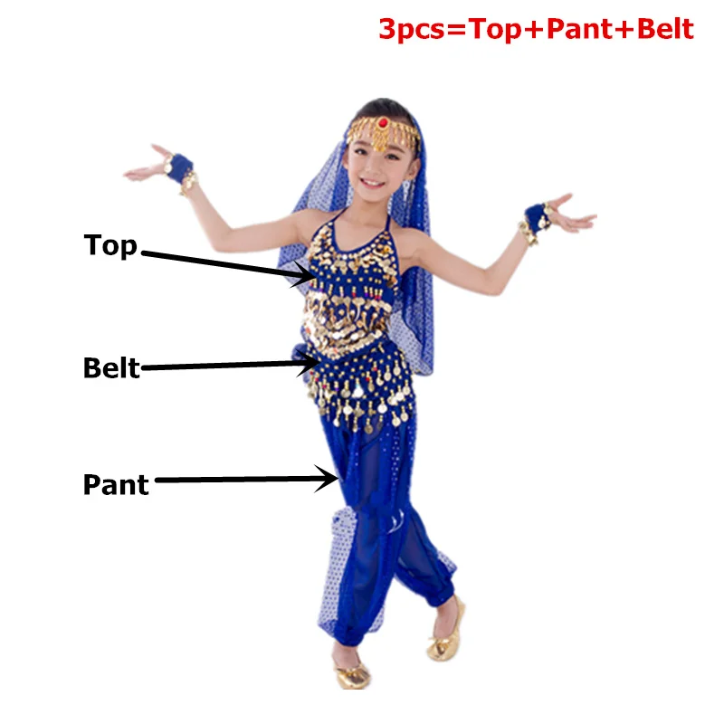 Royal Blue 3pcs Набор костюма для танца живота Восточный танец Индийский Египетский танец для девочек танец живота дети Болливуд топ брюки 6 цветов - Цвет: Royal Blue 3pcs
