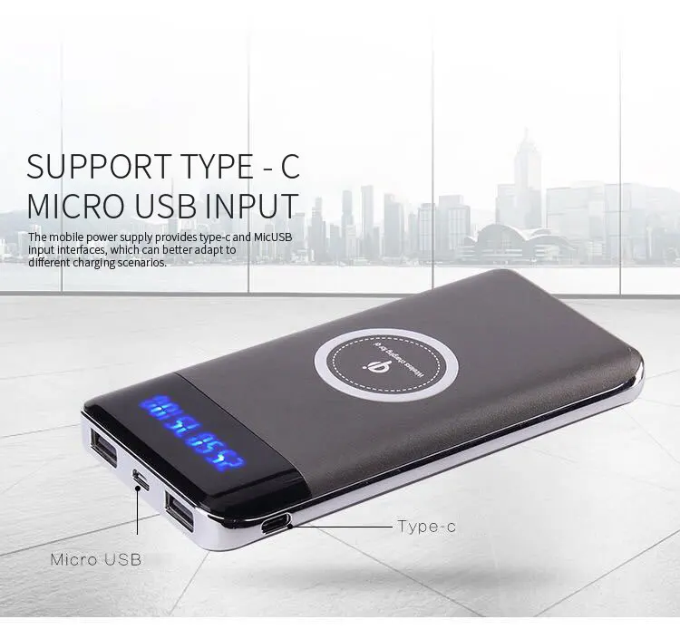 Беспроводное зарядное устройство 10000 мАч 2 USB lcd PoverBank mi cro type C Qi Беспроводное зарядное устройство для мобильного телефона для iphone Xiaomi mi 18650