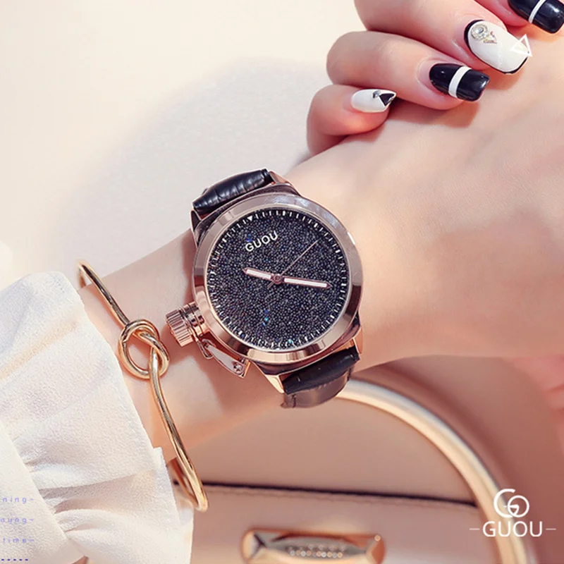 Часы наручные GUOU женские с бриллиантами Роскошные блестящие цвета розового