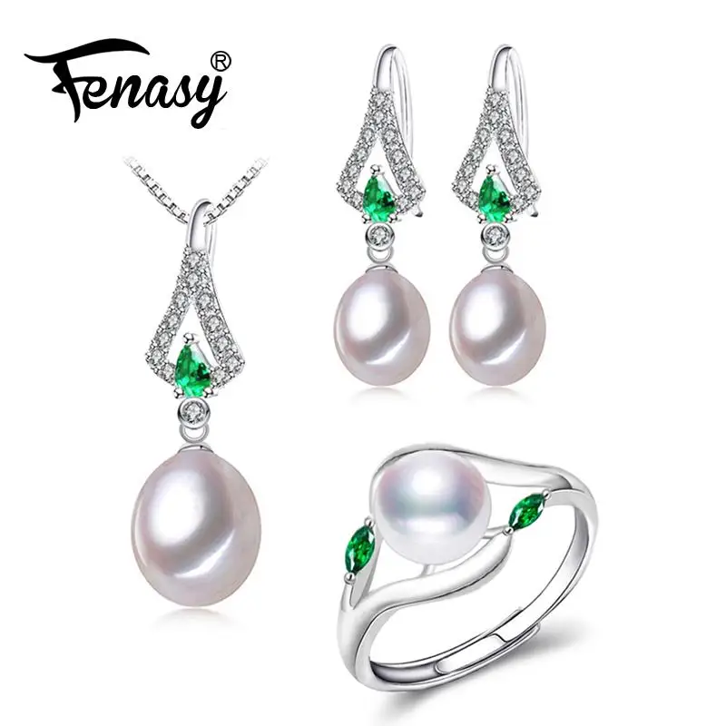 

FENASY Trendy Pearl Jewelry Sets Pearl Pendant Necklace Earrings For Women fine Engagement Ring Leaves Emerald Leaf Earrings Set