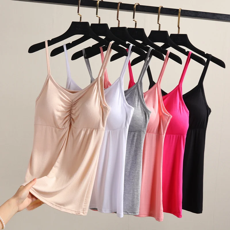 

New Breathable Padded Bra Tank Top Women Modal Spaghetti Solid Cami Top Vest Female Camisole With Built In Bra Fitness Clothing