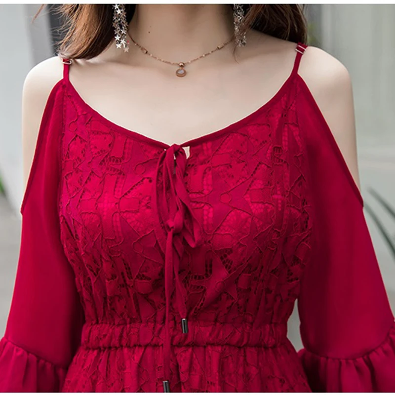 Женское летнее пляжное платье новое модное Красное Кружевное на бретелях