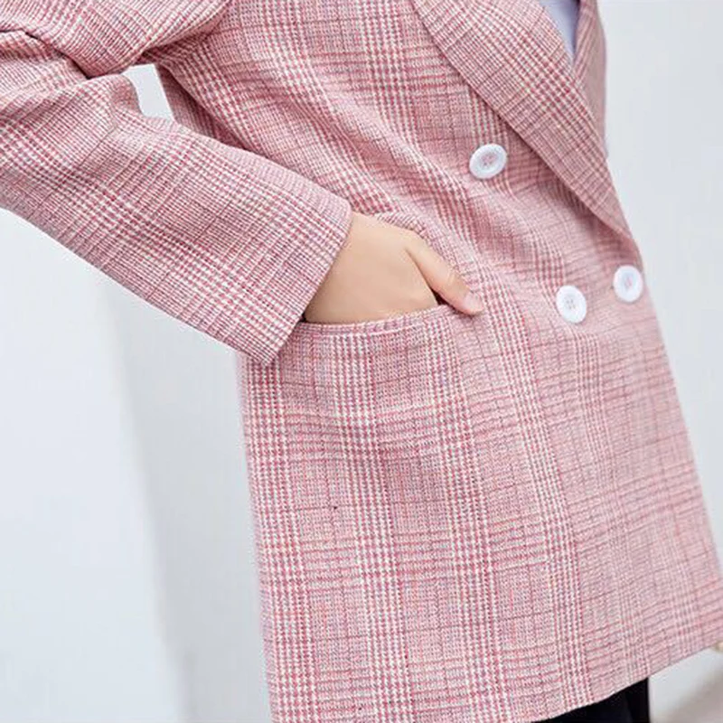 2018 осенний костюм куртка Для женщин розовый элегантный Однобортный в клетку