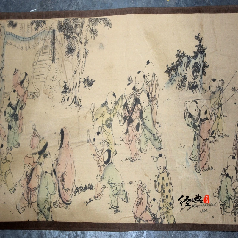Китайская старинная картина бумажный Рисунок живопись Длинный прокрутки живопись baizi tu
