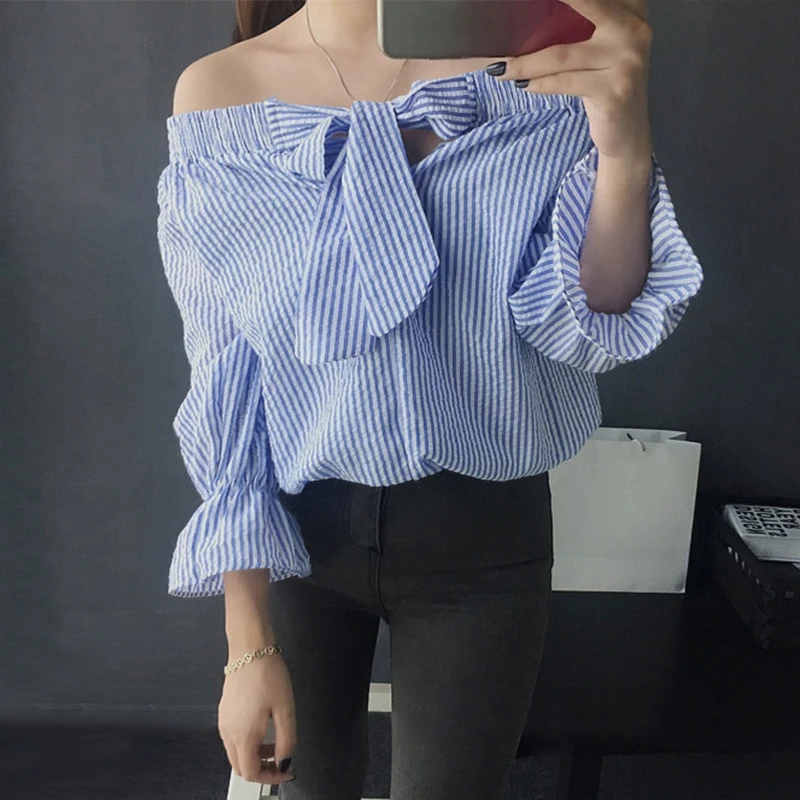 Новая модная летняя Осенняя Сексуальная Блузка с вырезом лодочкой и бантом