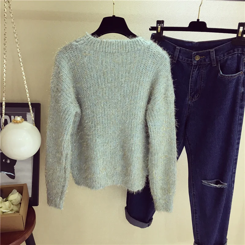 New Pearls Beaded Sweater Mohair Loose Jumper Round Neck Long Sleeve Cute female Beading Knitted Bottoming Shirts Pullovers | Женская