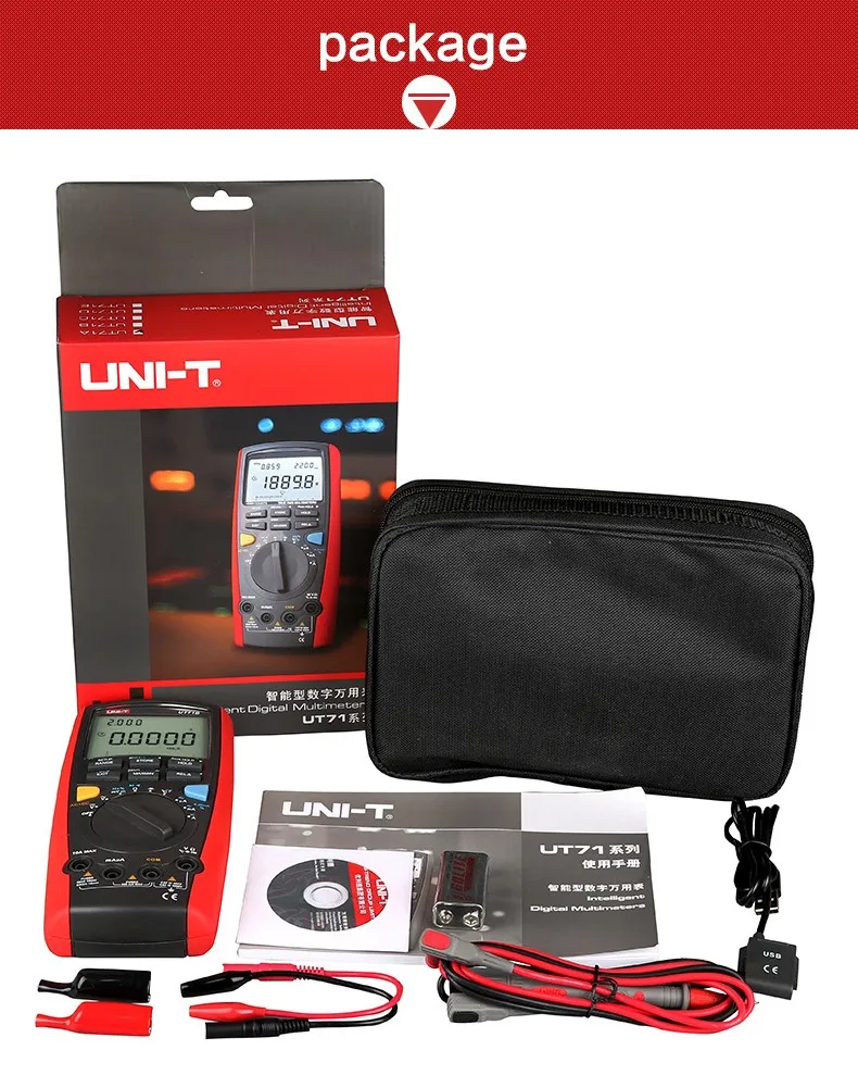 UNI-T UT71A интеллигентая(ый) Цифровой мультиметр Тип rms Авто Диапазон Измерение постоянного, переменного тока Вольт Ампер Ом постоянной ёмкости, универсальный конденсатор тестер с USB Интерфейс