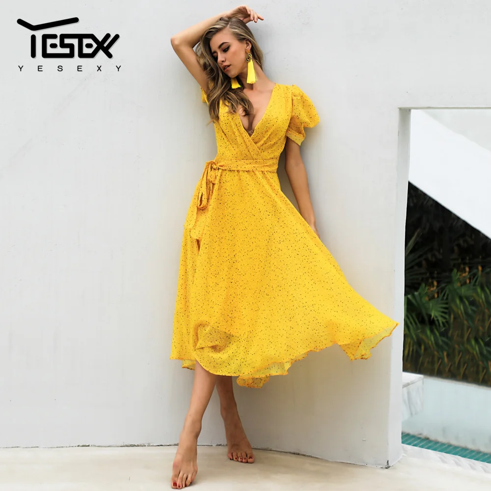 Yesexy 2019 Лето Dot желтый женское платье с глубоким v образным вырезом Повседневное