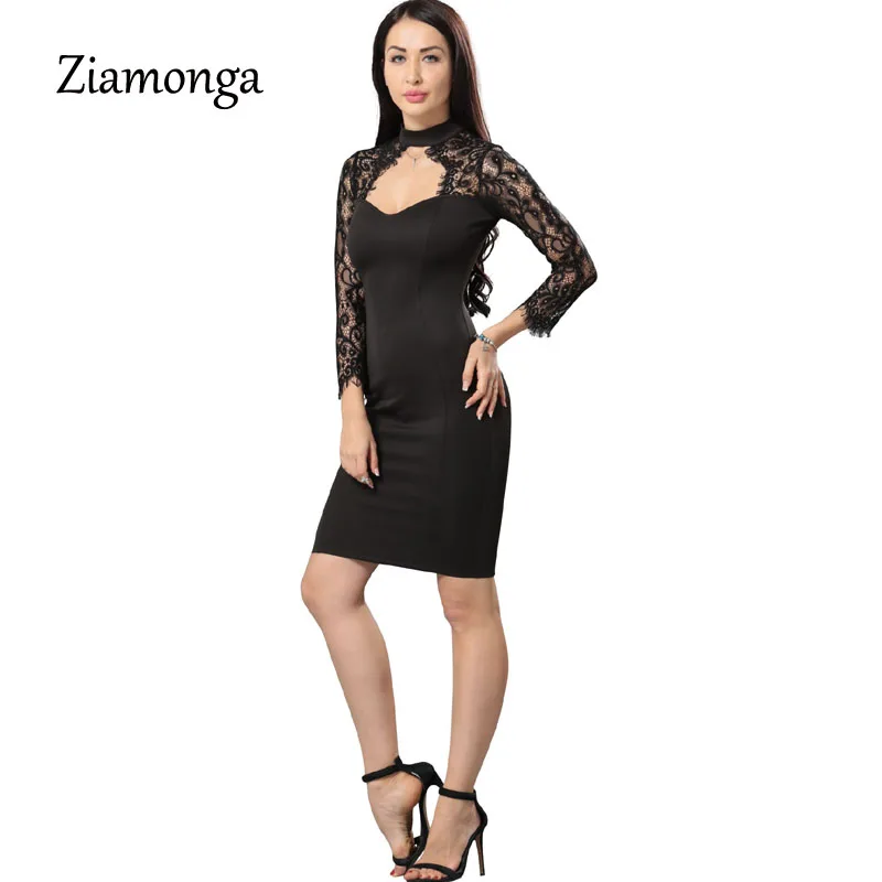 Ziamonga Turtleneck Long Sleeve Midi Lace Dress Sexy Club Bandage Bodycon 2017 Autumn Winter Black Women Party Dresses | Женская одежда