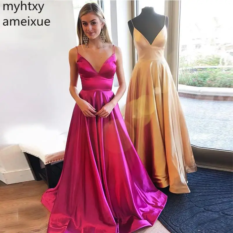 2021 New Spaghetti Straps Fuchsia Gold Prom Dresses V-neck Simple Formal Party Sweep Train Long Special Occasion Dress Elegant