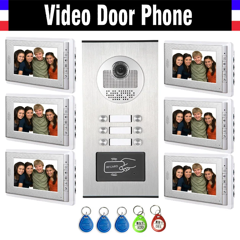6 eenheden Appartement Intercom Systeem Video-Intercom Video Deurtelefoon Kit HD Camera 7 inch Monitor met RFID keyfobs voor 6 huishouden
